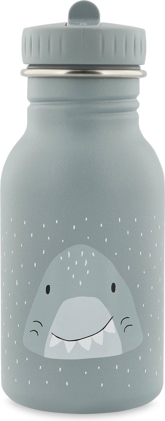 Bouteille d'eau grise avec une tête de requin mignonne et un motif à pois.