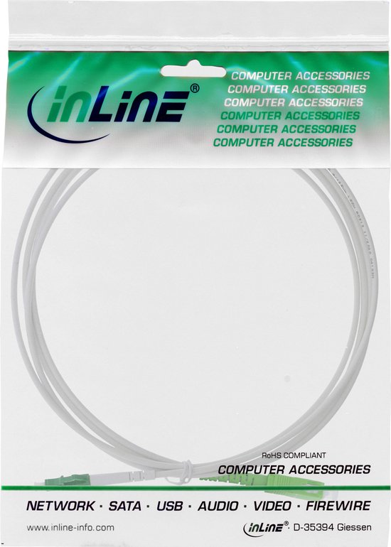Câble fibre optique simplex InLine blanc dans son emballage. Accessoires informatiques. Conforme RoHS.