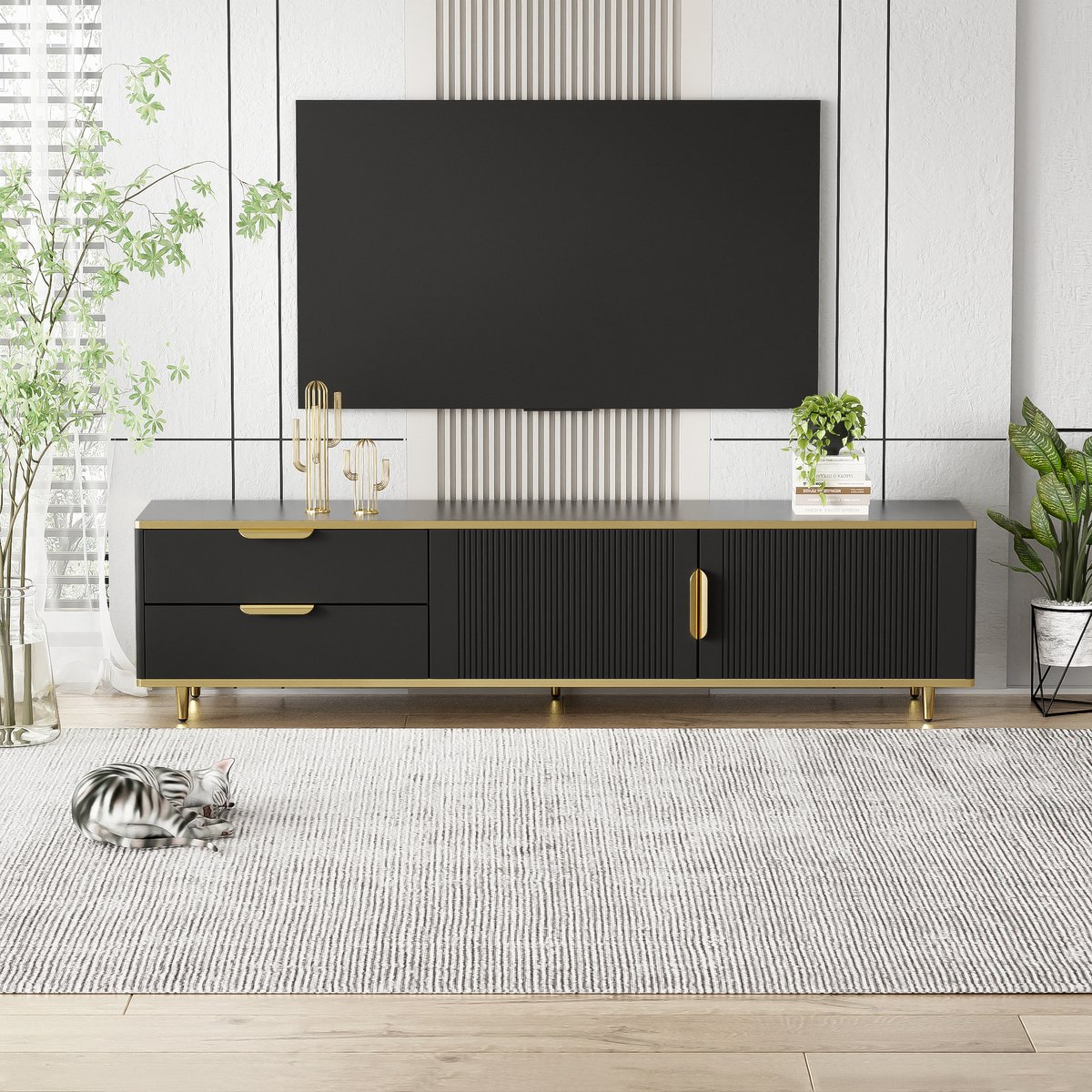 KOMHTOM TV-meubel met gebeeldhouwde textuur gouden handgrepen en pootjes met marmeren structuur Zwart