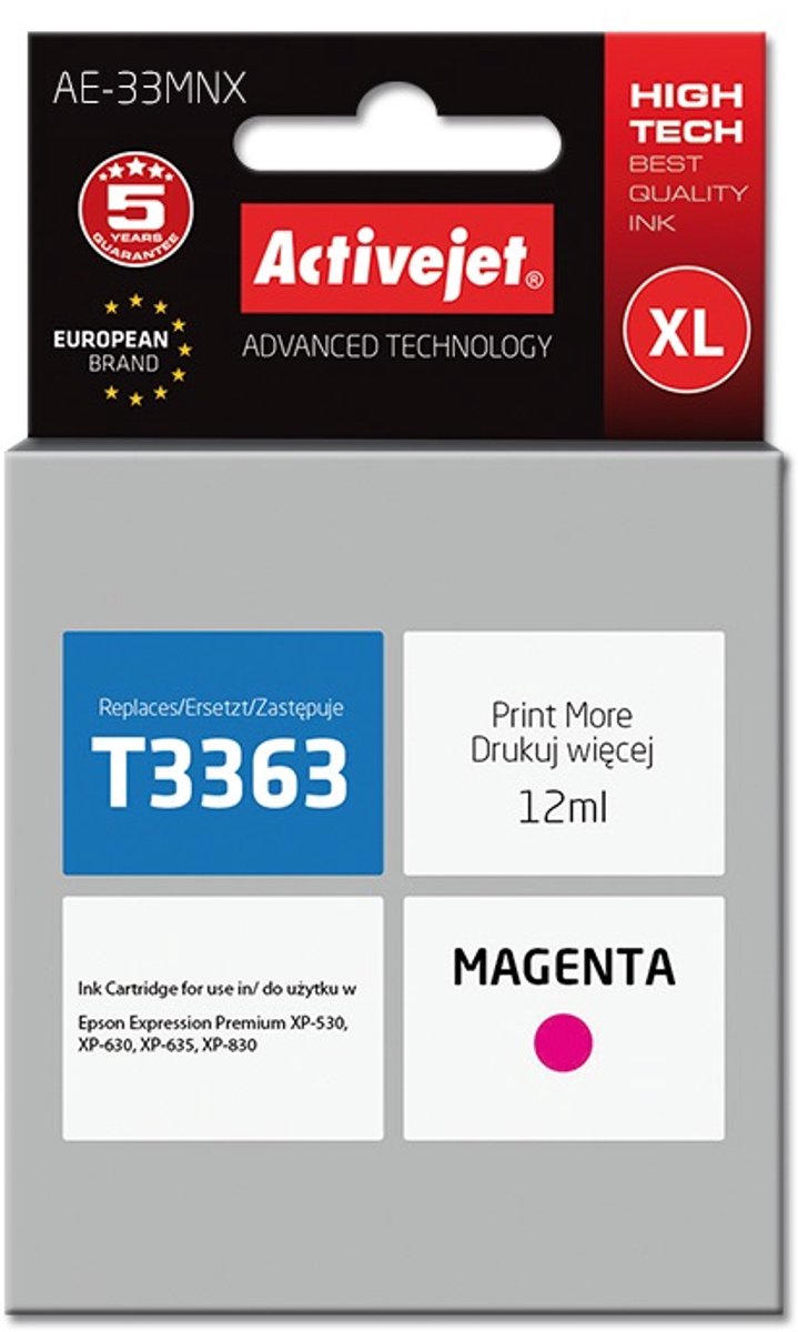 Activejet AE-33MNX inkt (vervanging van Epson 33XL T3363; Supreme; 12 ml; rood)