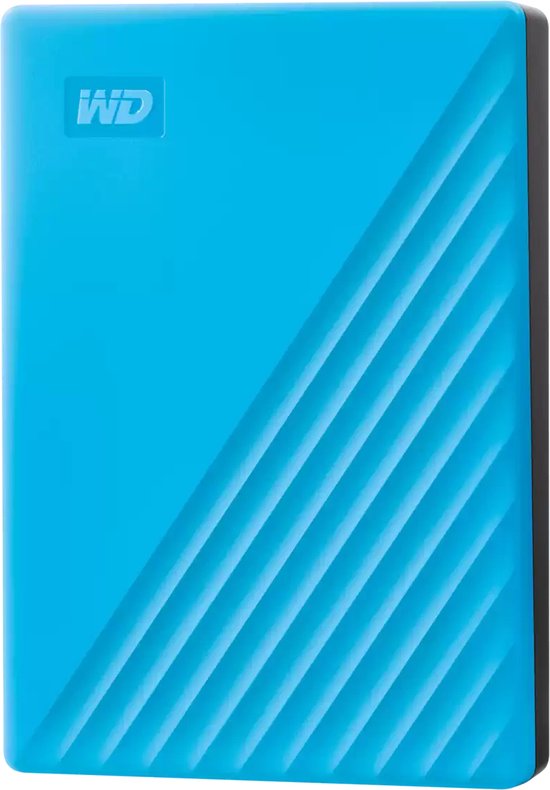 Blauwe externe harde schijf met een diagonale lijnenpatroon en WD logo.