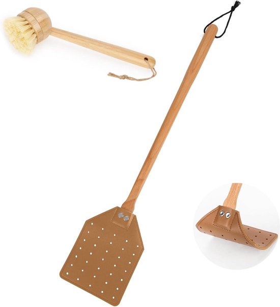 Tapette à Mouches Longue En Cuir PU Et Bois - Longueur ~49,5 Cm - Pour Intérieur/extérieur, Maison, Cuisine - Écologique, étanche
