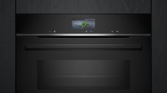 Digitaal display op zwarte Siemens oven met tekst 'Broccoli florets', 500g, 10m 30s en 12:21.
