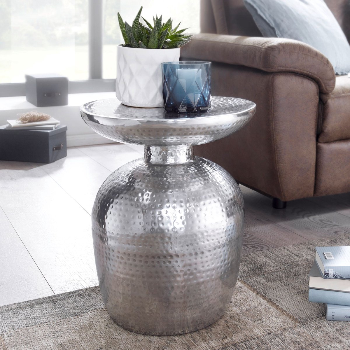 bijzettafel DELYLA aluminium 36 x 46 x 36 cm tafel zilver oosters rond | Designtafel design metaal modern | Kleine tafel | Kleine Hammerschlag Abstelltisch