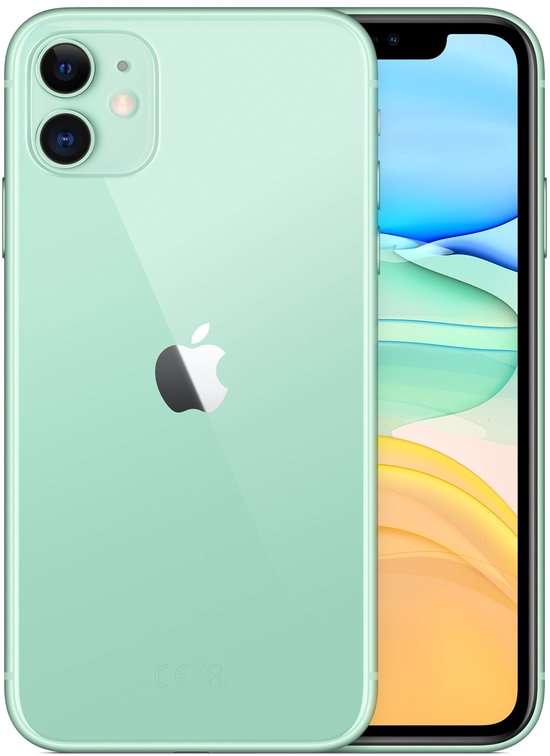 Lichtgroene iPhone 11, achterkant met dubbele camera en logo, voorkant met scherm.
