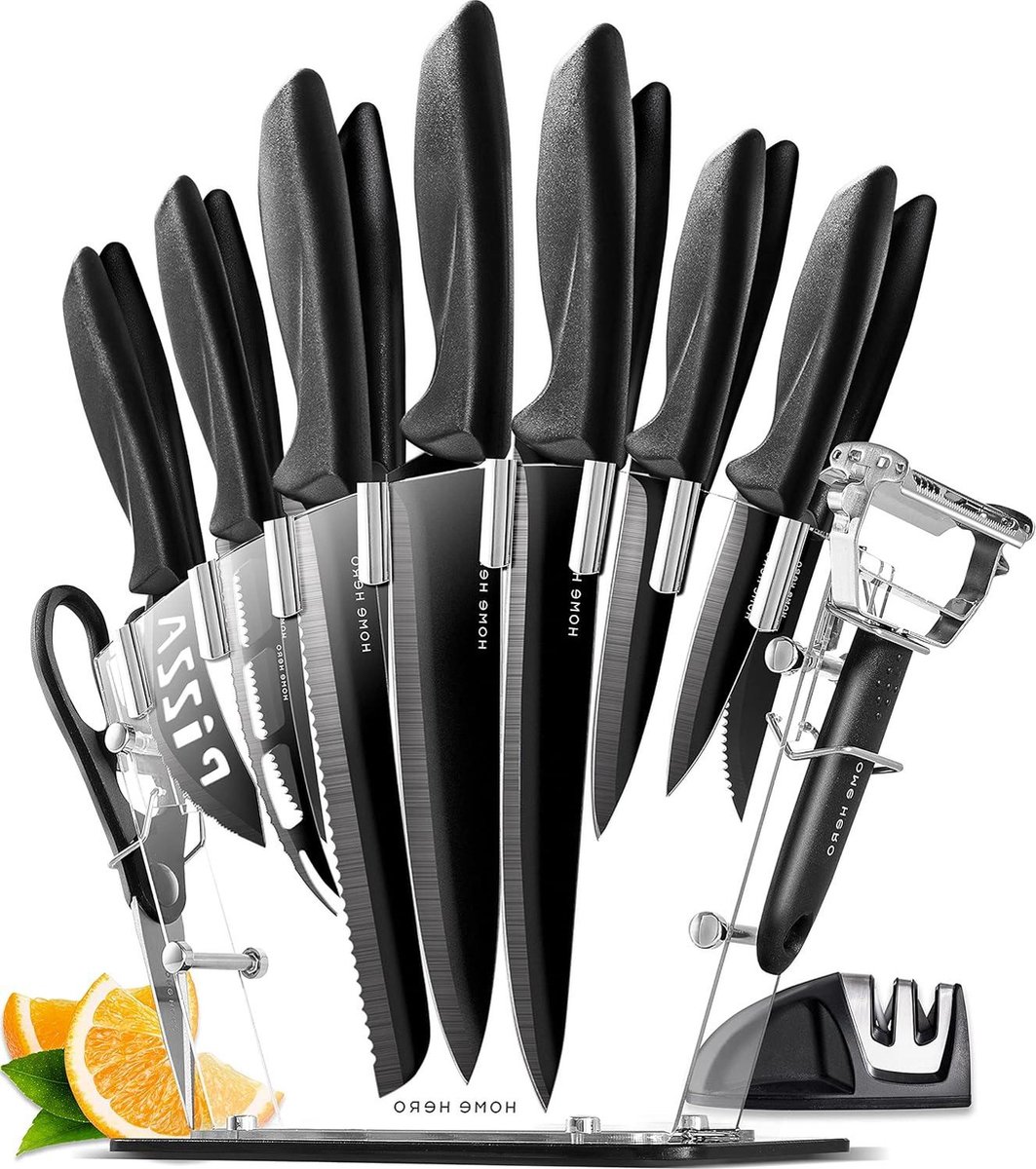 17-delig Messenset met Messenblok Acryl Professionele Rvs Kokmessen Set inclusief 6 Steakmessen Messenslijper Dunschiller en Schaar chef knife storage