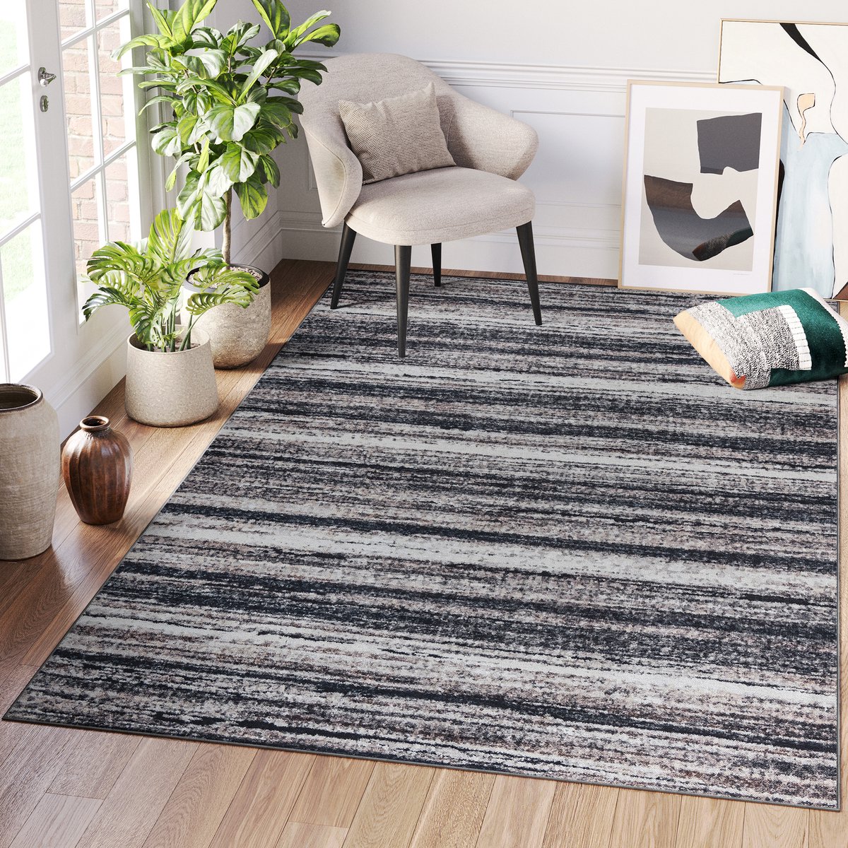 Tapiso Ritz Vloerkleed Grijs Katoen Antislip Woonkamer Lijnen Tapijt Maat- 80x150