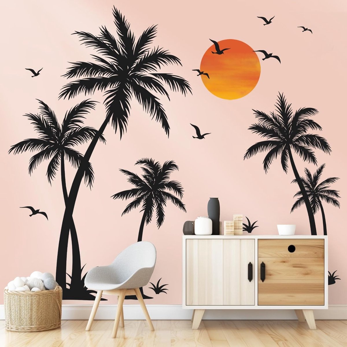 wondever Muursticker palmboom grote zwarte muursticker tropische boom planten vogels muursticker wanddecoratie voor slaapkamer woonkamer tv achtergrond (H: 135 cm) multi