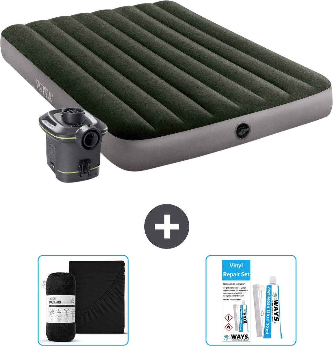 Intex Luchtbed - Twijfelaar - 137 x 191 x 25 cm - Groen - Met pomp + Hoeslaken Zwart + Reparatieset
