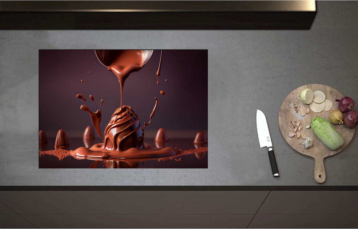 Inductieplaat Beschermer - Chocolade Eieren met Vloeibare Chocolade Erover heen - 71x50 cm - 2 mm Dik - Inductie Beschermer - Bescherming Inductiekookplaat - Kookplaat Beschermer van Wit Vinyl