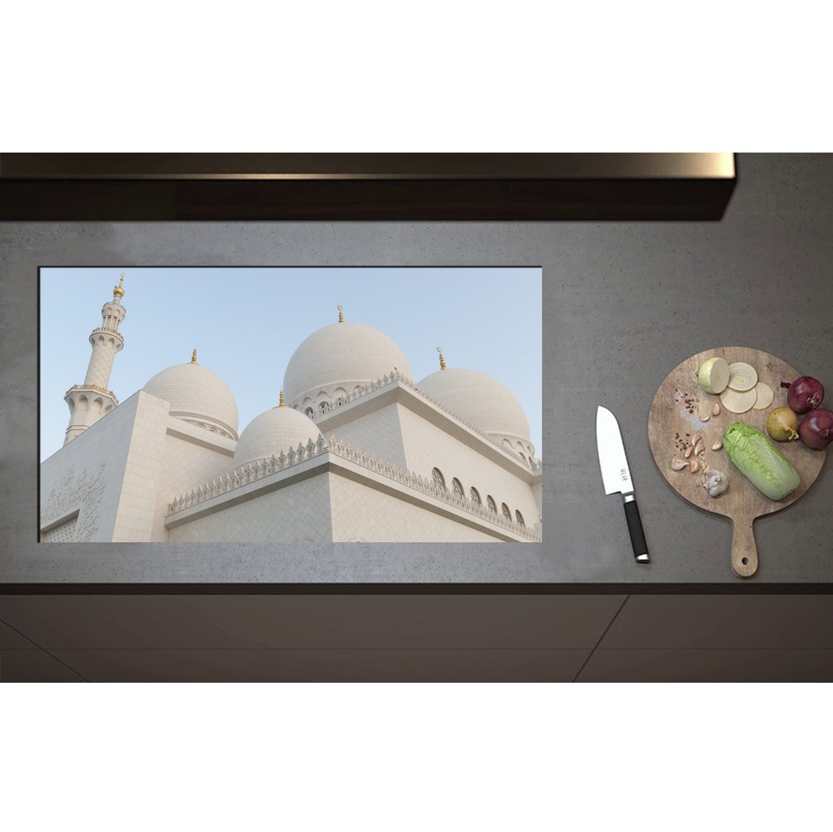 Inductieplaat Beschermer - Bovenkant van Witte Sjeik Zayed Moskee, Abu Dhabi, Verenigde Arabische Emiraten - 90x50 cm - 2 mm Dik - Inductie Beschermer - Bescherming Inductiekookplaat - Kookplaat Beschermer van Zwart Vinyl