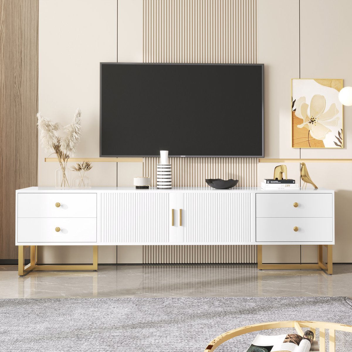 Sweiko TV kast, Laag Paneel met Getextureerde Deuren, TV meubels met laden, Gouden Handvatten en Voeten, Wit, Opbergkast