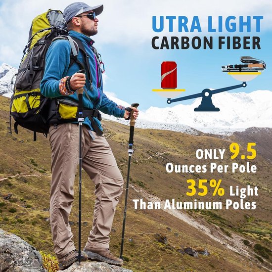 Bâtons De Trekking Pliables Légers - Carbone/aluminium - Poignées Liège Antidérapantes - Longueur Réglable - Pour Randonnée Et Marche Nordique - 7