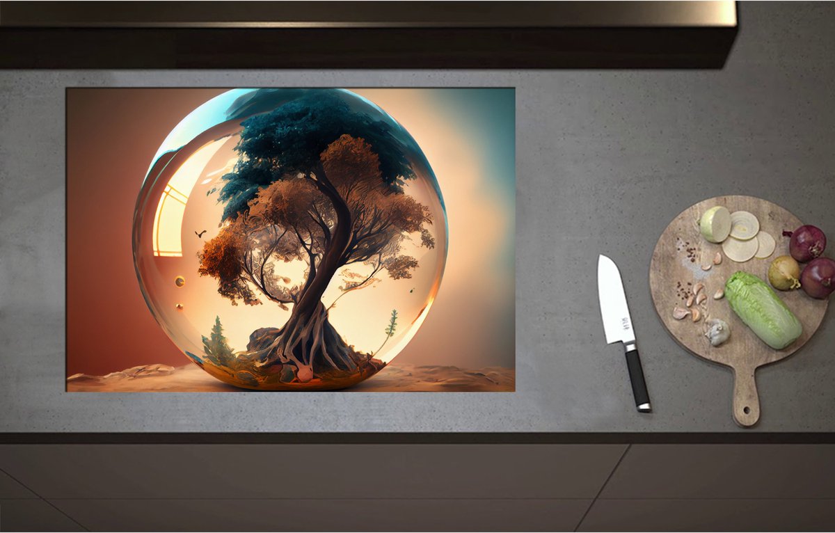 Inductieplaat Beschermer - Bruine en Blauwe Boom Groeiend in Glazen Bol - 80x55 cm - 2 mm Dik - Inductie Beschermer - Bescherming Inductiekookplaat - Kookplaat Beschermer van Zwart Vinyl