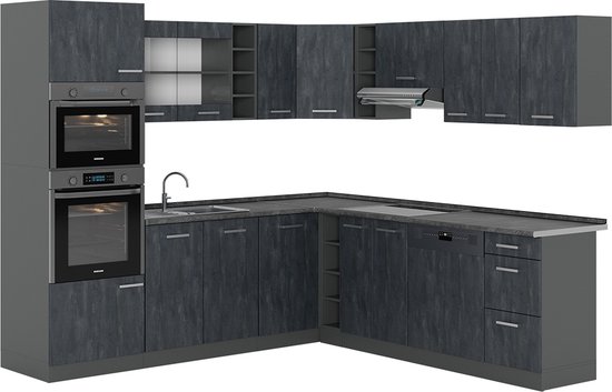 Cuisine Intégrée Vicco R-Line, Angle, Couleur Béton - Meuble De Cuisine Complet, Neuf Sous Emballage