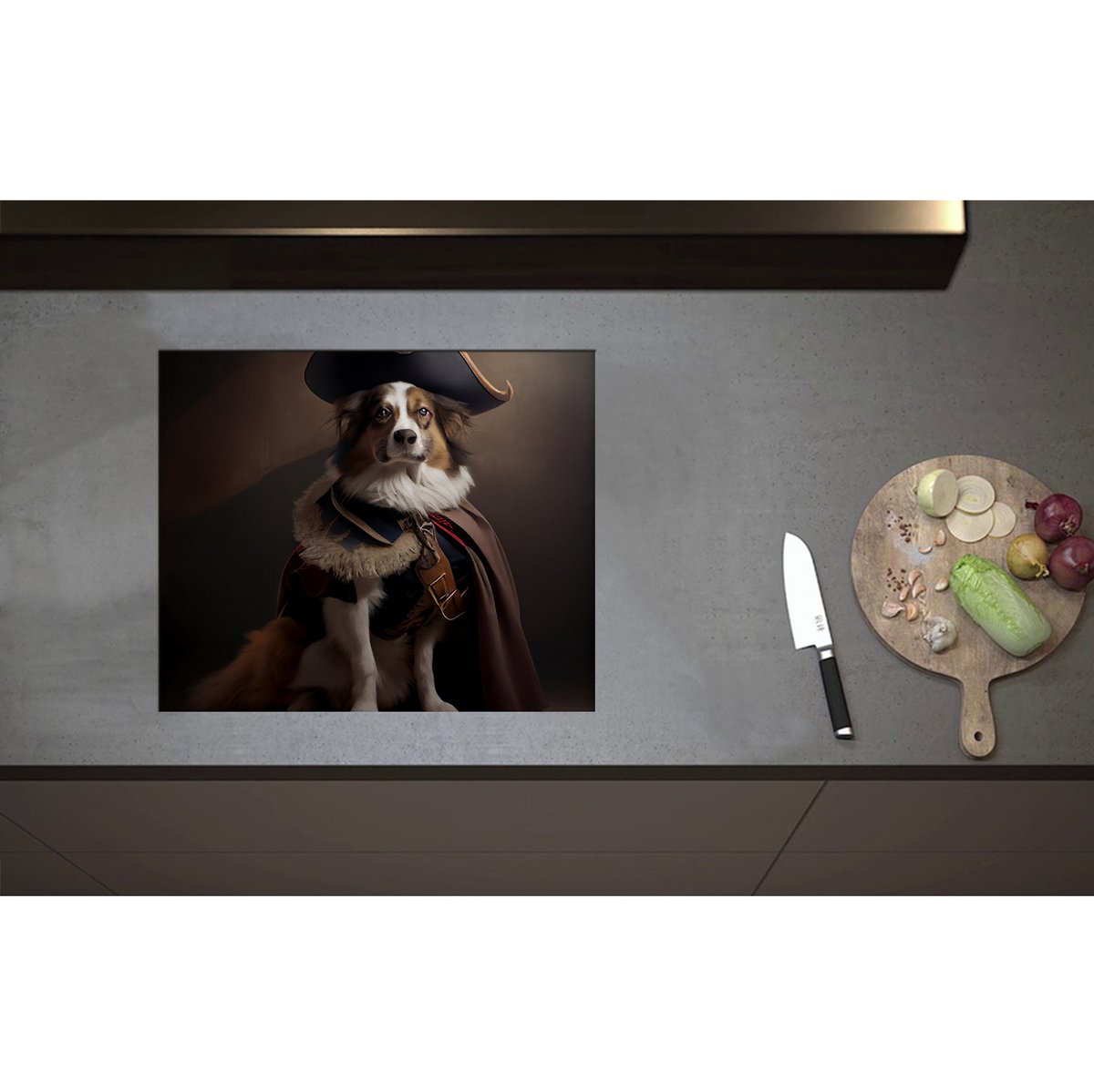 Inductieplaat Beschermer - Bruin met Zwarte Hond Verkleerd in Historisch Piraten Pak - 60x50 cm - 2 mm Dik - Inductie Beschermer - Bescherming Inductiekookplaat - Kookplaat Beschermer van Wit Vinyl