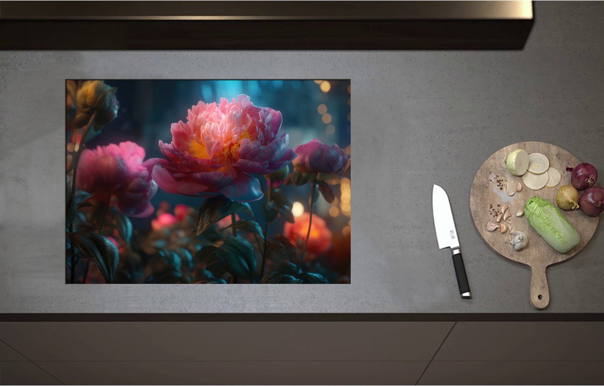 Inductieplaat Beschermer - Close-up van Bloeiende Bloemen in het Donker - 71x51 cm - 2 mm Dik - Inductie Beschermer - Bescherming Inductiekookplaat - Kookplaat Beschermer van Wit Vinyl