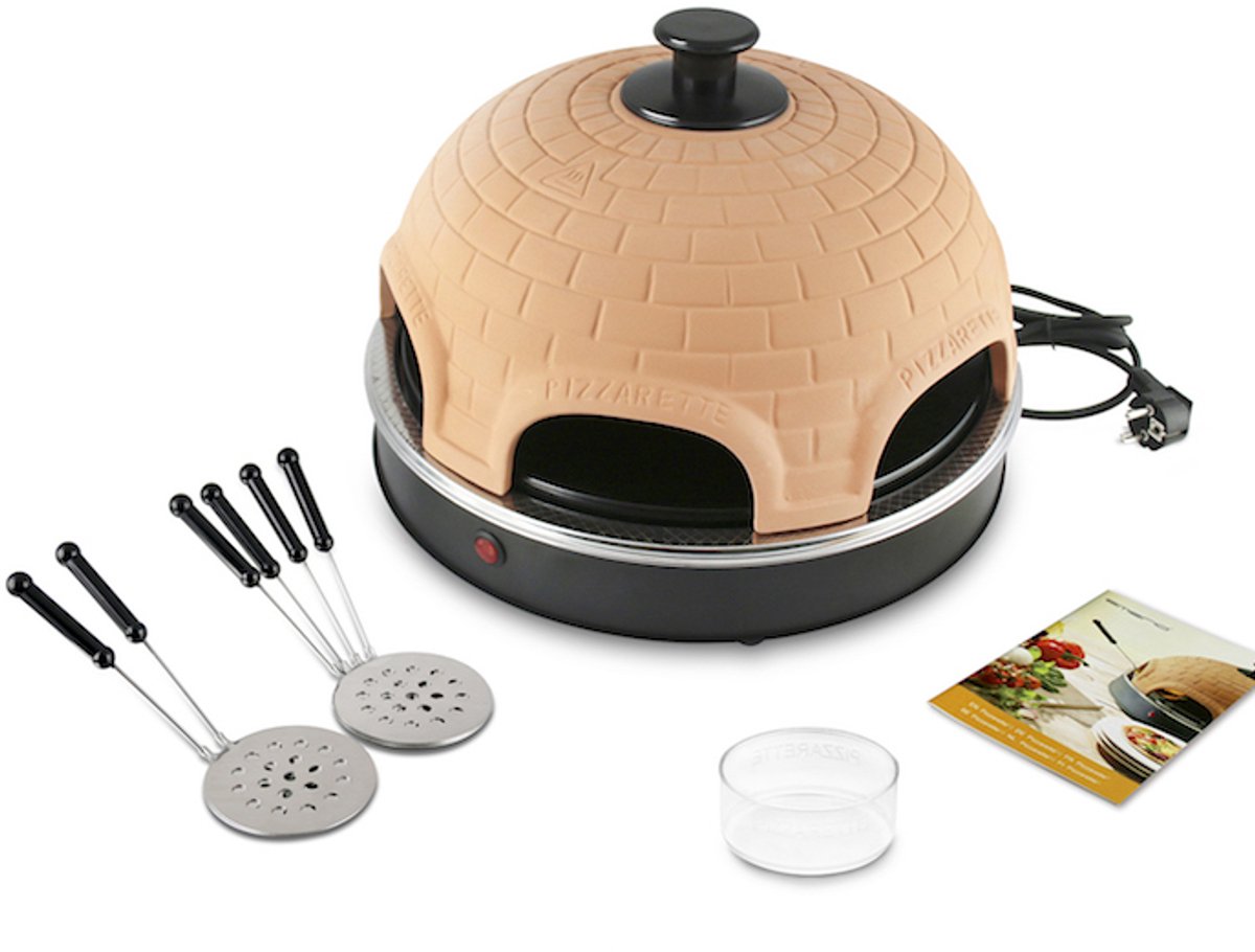 Emerio PO-115984 - Pizzarette - 6 persoons - Handgemaakte terracotta koepel - 6 Geïsoleerde bak spatels - RVS bakplaat - Cool touch