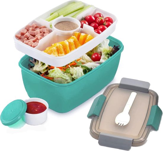 Foto: Stijlvolle lunchbox voor volwassenen duurzame broodtrommel en saladebox meerdere compartimenten luchtdichte afsluiting magnetron en vaatwasmachinebestendig inclusief dressingcontainer en bestekset hoogwaardig bpa vrij materiaal