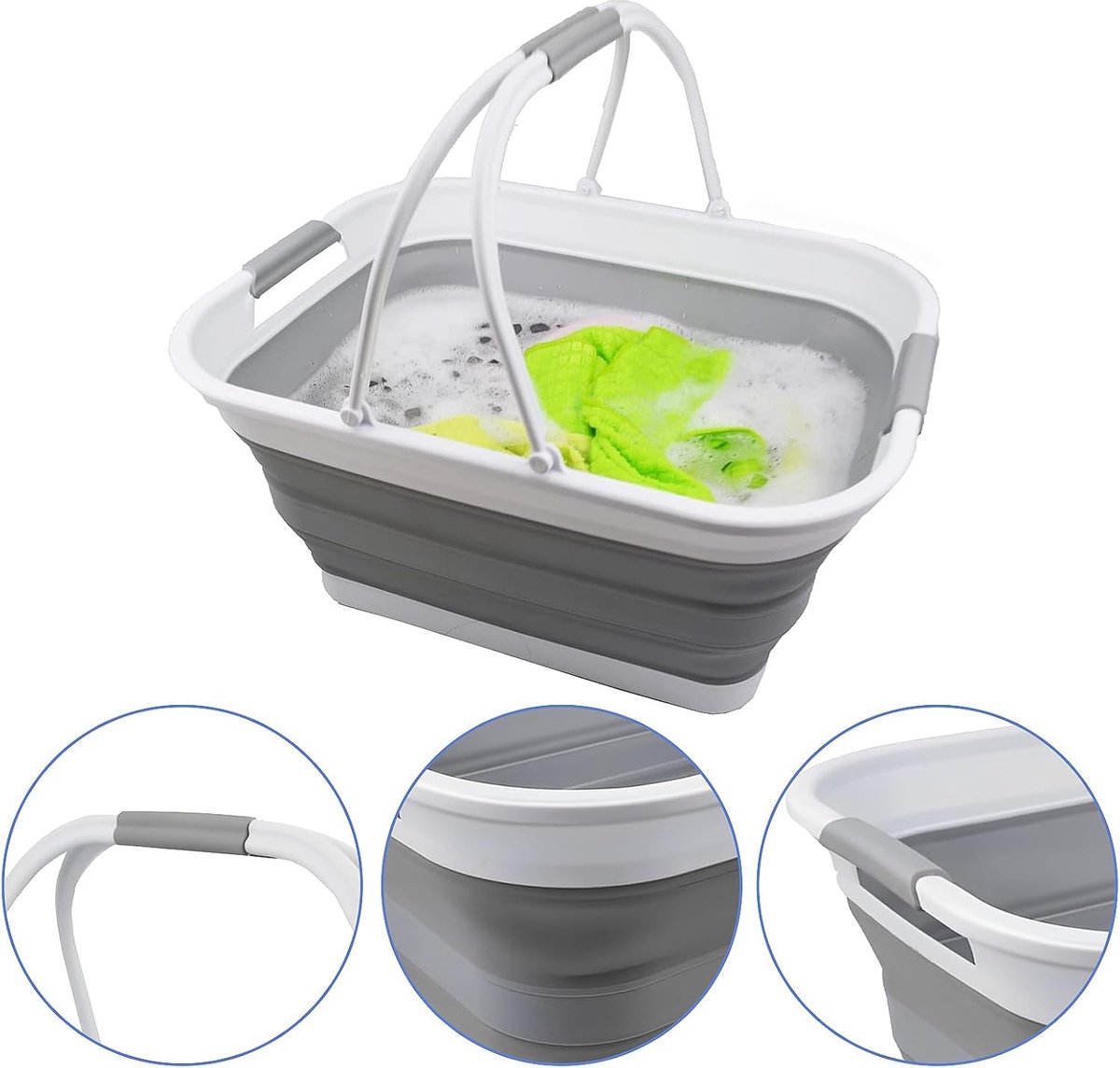 Seau Pliable 10 Litres Avec Anses - Pour Linge, Cuisine, Camping, Caravane - Gris, Facile à Ranger Et Transporter