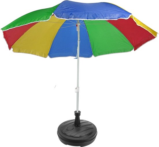 Regenboog gekleurde tuin/strand parasol - Dia 180 cm - met vulbare plastic voet - antraciet - D42 cm