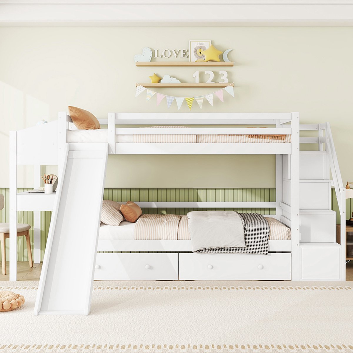 KOMHTOM Bed Stapelbed 90x200 cm Kinderbed met glijbaan tafel opbergladder twee opbergvakken onder het bed veelzijdig wit