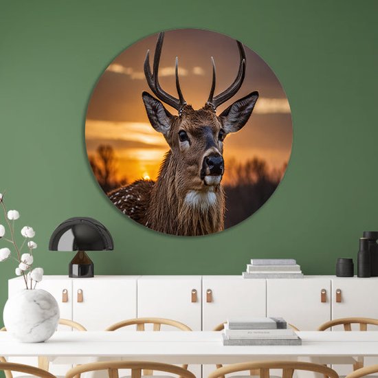 Cercle mural cerf - Plaque murale Animaux - Tableau rond Coucher de soleil - Décoration murale classique - Cercle mural - Décoration chambre cercle mural forex 60x60 cm