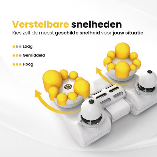 Diagram met instelbare snelheden: laag, gemiddeld en hoog, weergegeven met gele bollen en pijlen.