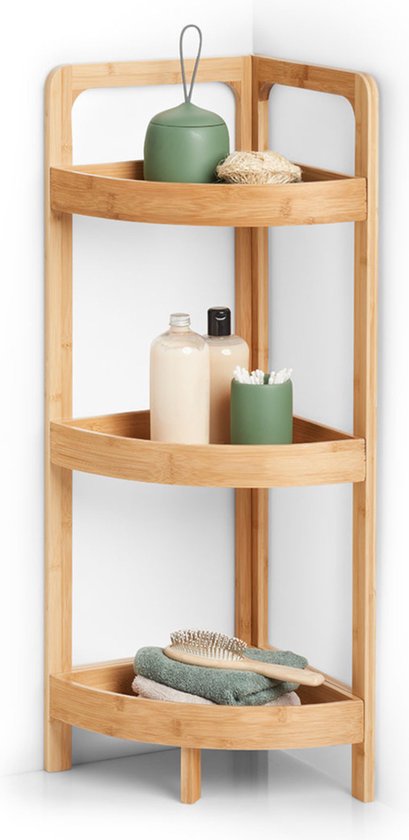 Relaxdays Bamboo Corner Cabinet with 3 Compartments, HxWxD: 85.5 x 29 x 29 cm, Open Cabinet, Living Room or Kitchen, Nature