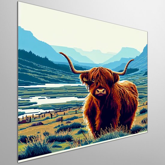 Pixel art schotse hooglander schilderij | Hooglandse pracht: Een mozaïek van Schotse hooglander kunstwerk | Kunst - 30x30 centimeter op Canvas | Foto op Canvas