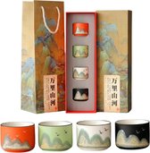 Chinese Gong Fu Theekopjes Set - 4 Wanli Keramiek kopjes in geschenkdoos - Bergen & Rivieren - Klein formaat 60ML