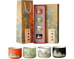 Chinese Gong Fu Theekopjes Set - 4 Wanli Keramiek kopjes in geschenkdoos - Bergen & Rivieren - Klein formaat 60ML