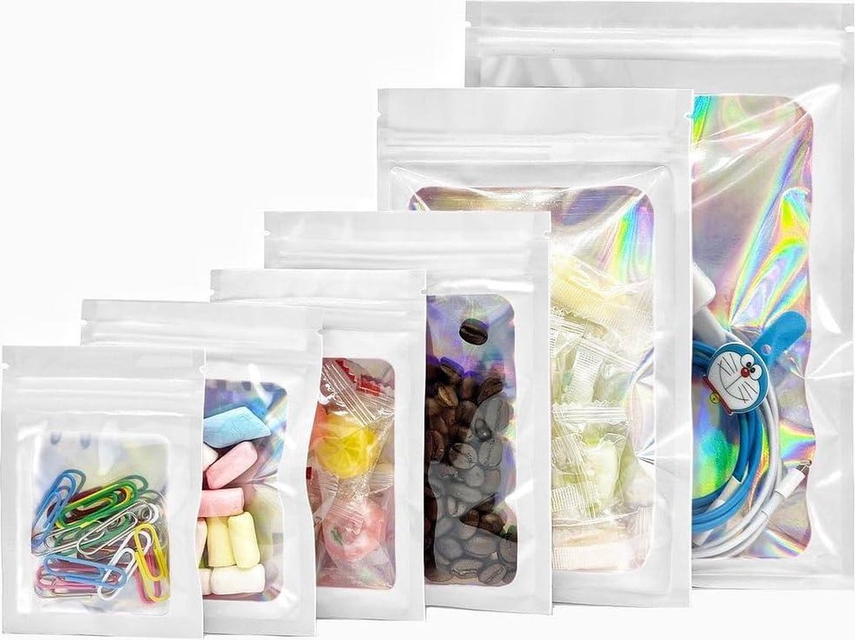 Rimiko 150 Pcs Sachets Zip Holographique Hermétique, Sac Pochette Mylar Alimentaire Transparent, Pochons Zip Aluminium Refermables Pour Emballage Et Stockage Des Aliments (Holographique, 9x16cm
