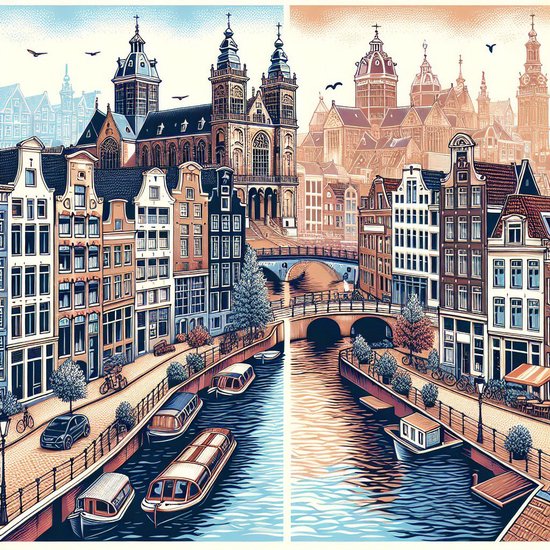 Modern amsterdam schilderij | De bruisende stad Amsterdam tot leven gebracht in hedendaagse kunst | Kunst - 60x60 centimeter op Canvas | Foto op Canvas