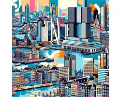 Pop art rotterdam schilderij | Rotterdamse kunst in pop art stijl: een bruisende ode aan de stad | Kunst - 100x100 centimeter op Dibond | Foto op Dibond