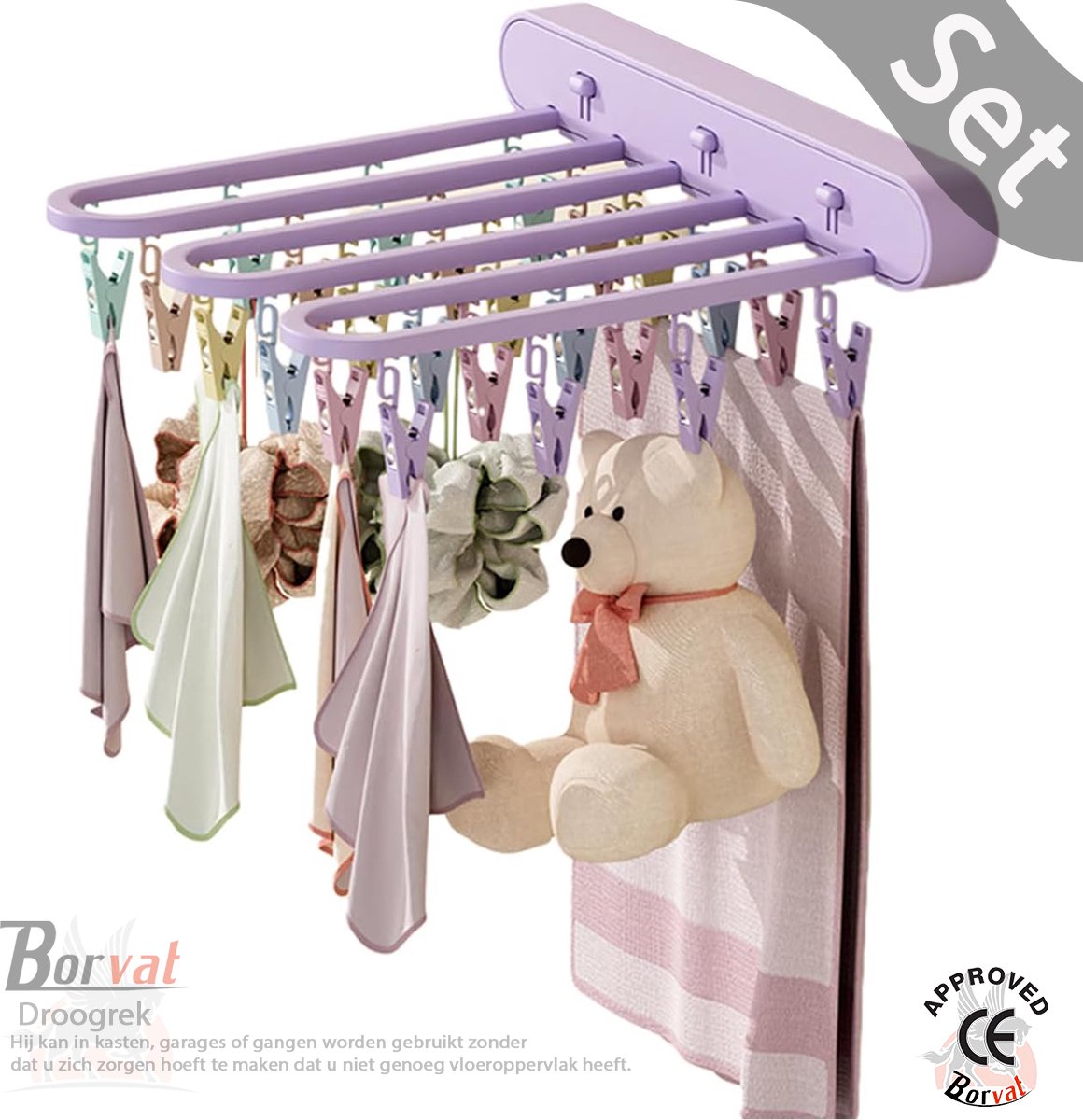 Goedkoopste Borvat® - Droogrek - aan de muur gemonteerd - opvouwbaar kledingrek - afneembare clips - kledinghaak - waslijn - Paars - Set