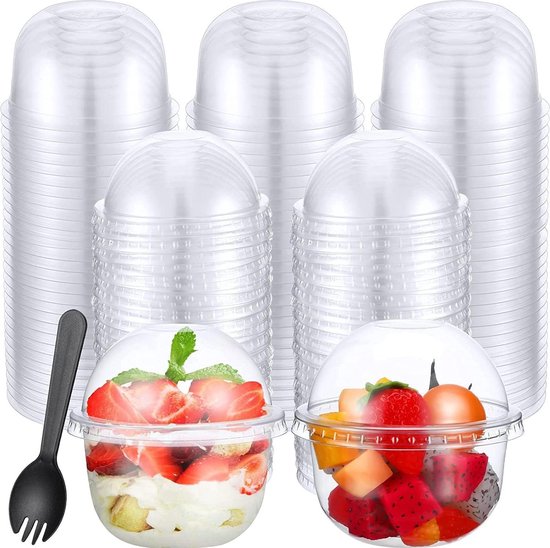 MIVIDE 100 stuks dessertbekers met 100 deksels en 100 lepels, 150 ml dessertglazen plastic, vierkante dessertbekers met deksel voor dessertfeest, pudding, mousse, ijs