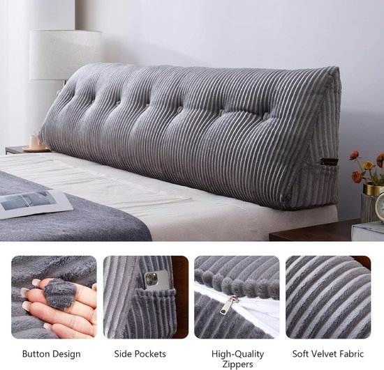 Johnear wigvormig kussen, leeskussen voor bed en bank, rugkussen Hellroze kussen 180 cm, rugkussen hoofdeinde bed rugleuning, groot driehoekig lendenkussen