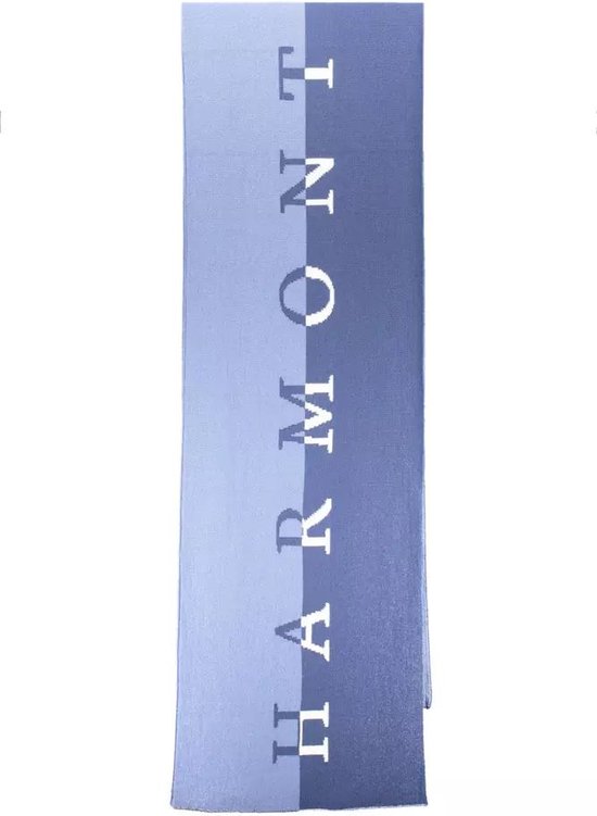 Sjaal met twee verticale banen, lichtblauw en donkerblauw, met het woord 'HARMONT' erop.