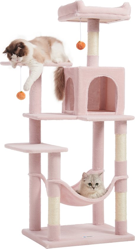 ACAZA Griffoir pour Chats Multiples - Condo pour Chat avec Hamac - Poteau pour Chat - 143 cm - Rose