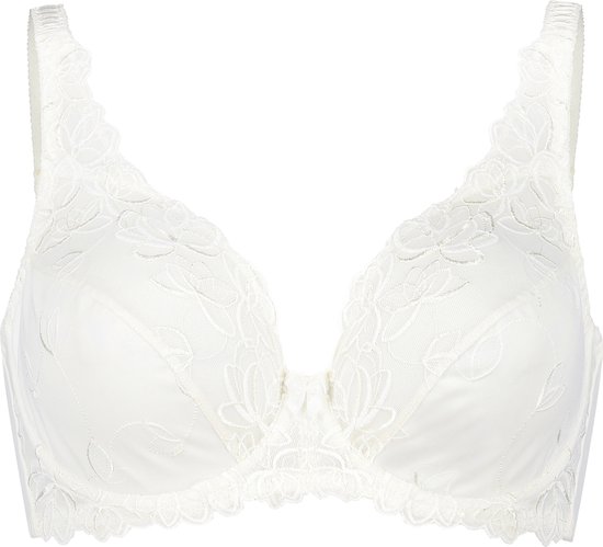 Witte beugel-bh met kant overlay, bloemenmotief en strikdetails.