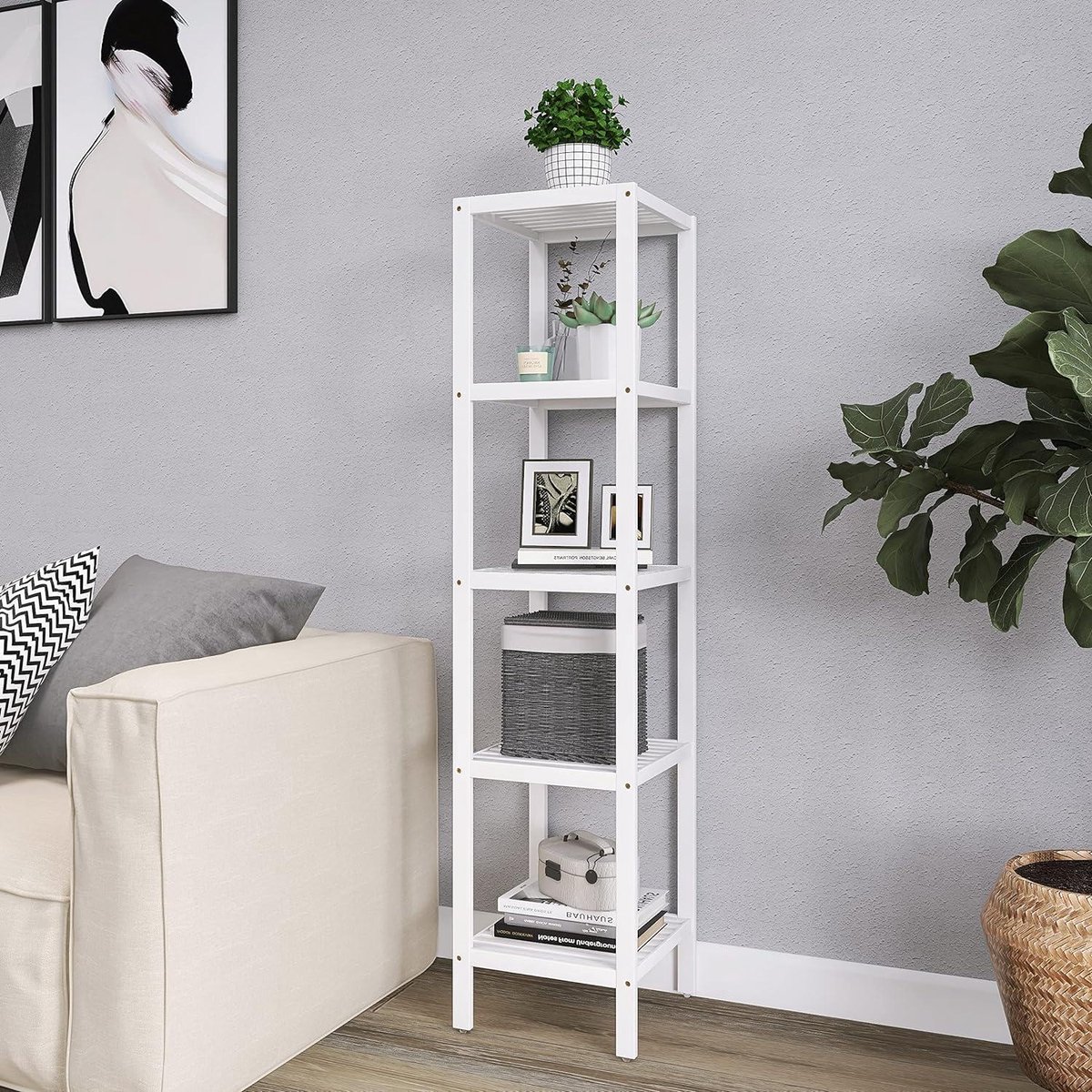 Badkamer Opbergplank 5-Tier Bamboe Rack Organizer - Multifunctioneel Rek - Woonkamer Slaapkamer Keuken - Wit