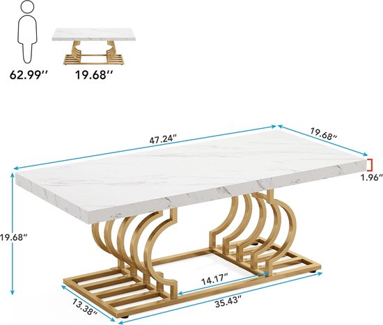 Tribesigns Salontafels Modern - Salontafel met Geometrisch Frame - Bijzettafel Goud - Tafel - Sidetable - Nep-Marmer - 120 x 50 x 50 cm