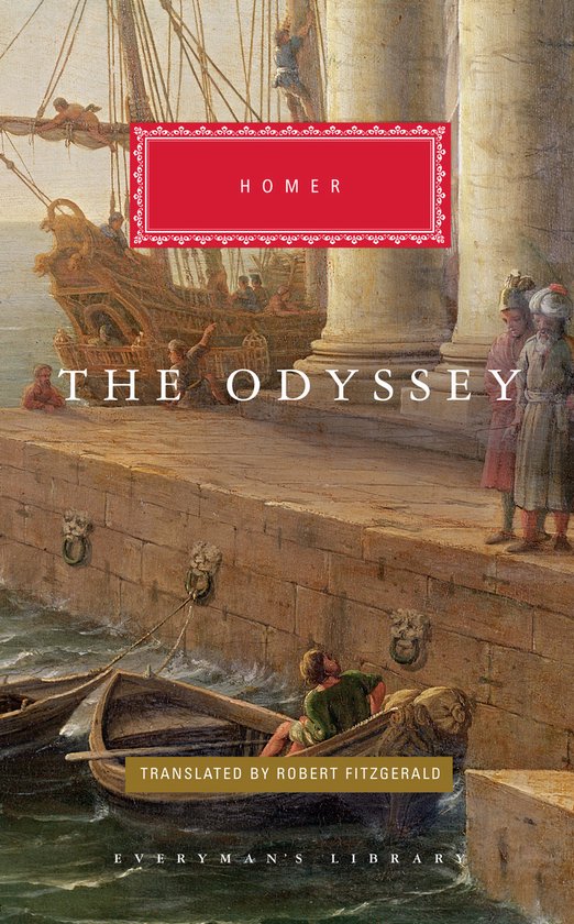Couverture du livre 'The Odyssey' de Homère, avec une peinture d'un port, de navires et de personnes.