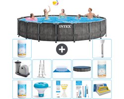 Intex Rond Prism Frame Greywood Zwembad - 549 x 122 cm - Inclusief Pomp - Ladder - Grondzeil - Afdekzeil Chloor - Chloordrijver - Testrips - Reparatiesetje - Scrubborstel - PH-waarde - PH-waarde - Thermometer