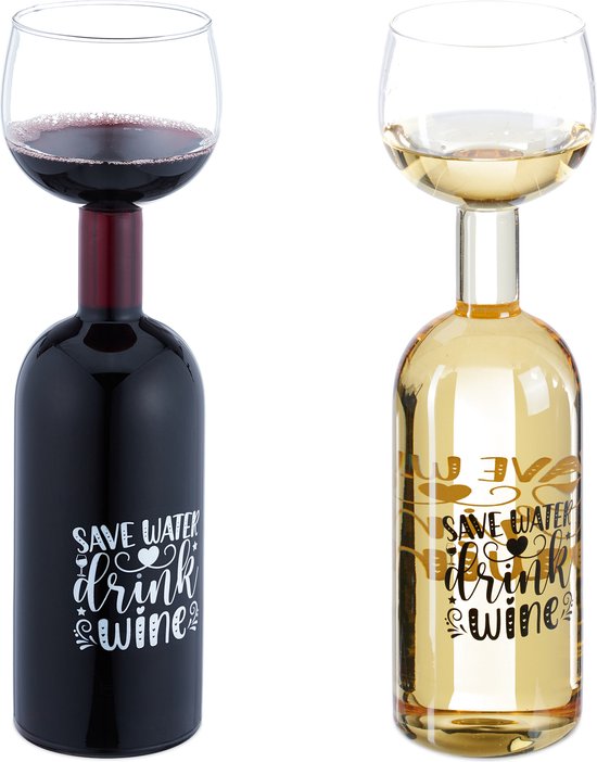 Foto: Relaxdays wijnfles glas 750 ml xl met grappige tekst save water drink wine cadeau wijnliefhebbers