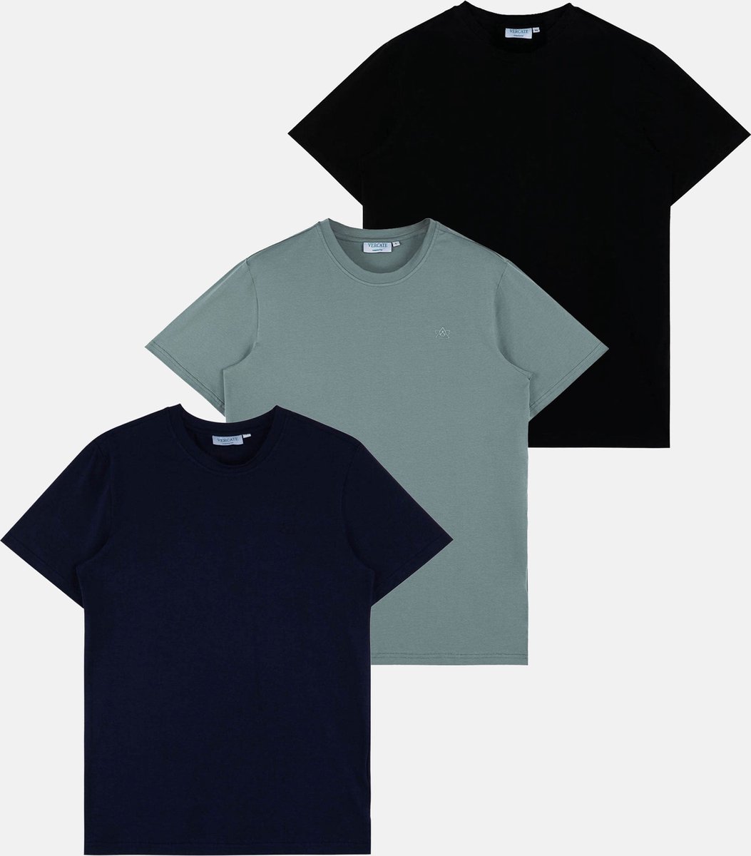 Vercate - 3-Pack T-Shirts - Korte Mouw - Zwart, Groen, Navy - Regular Fit - Excellent Knitted Katoen - Maat S
