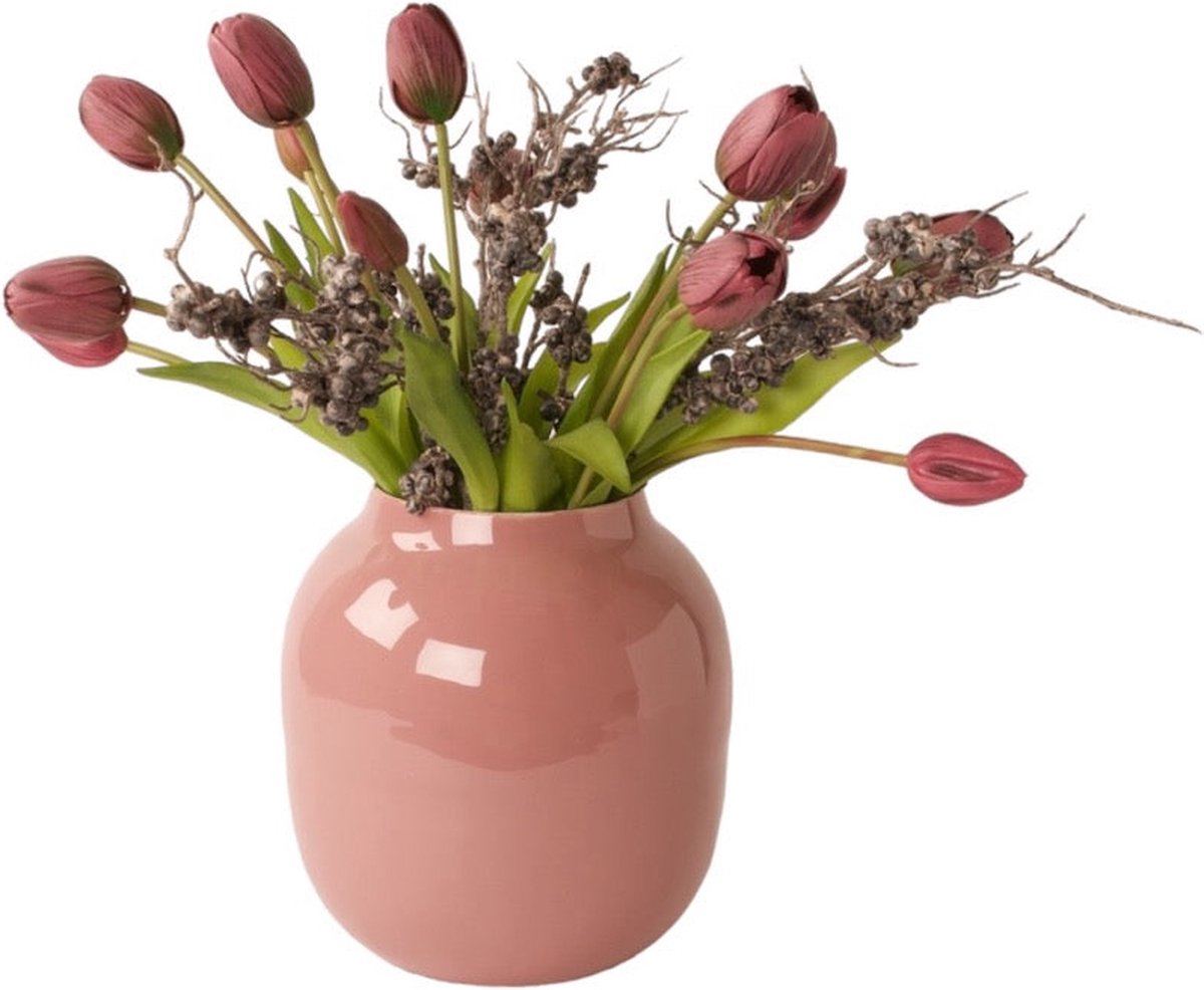 WinQ- Boeket Kunsttulpen Mauve gebonden met zwarte Bes- Tulpen -Boeket kunstbloemen - 15 tulpen 40cm