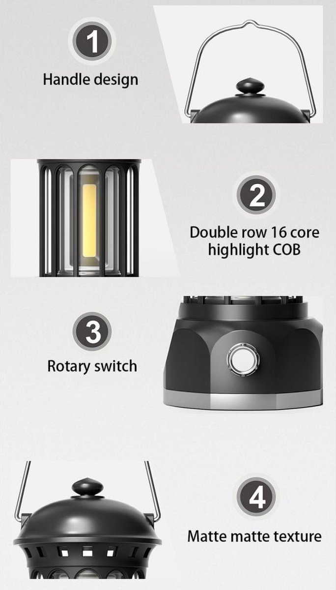 IPEXNL oplaadbare camping lamp met hanger op voet geeft licht tot 250lm, IP44, brandtijd tot 35h, dimbaar, matt , licht gewicht 235g , instelbare lichtkleur kleur gebroken wit van IPEXNL — afbeelding 4