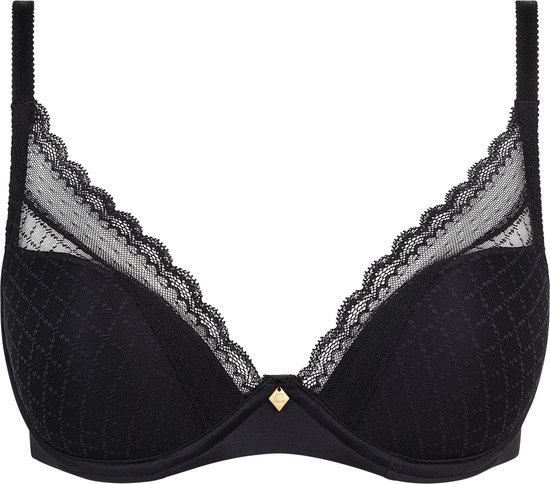 Soutien-gorge plongeant noir avec détails en dentelle sur les bonnets. Détail doré au centre.